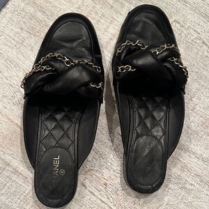 Chanel Black Leather Mules with Chain Detail